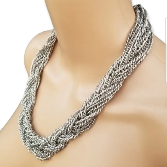CHICOS SILVERTONED BRAIDED CHAINS STATEMENT NECKLACE - Picture 2 of 5